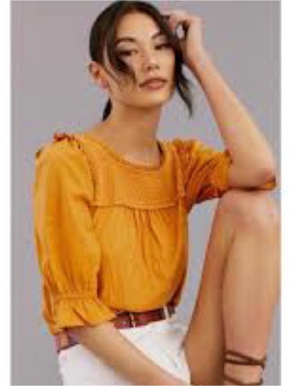 Anthropologie Mustard Smocked Puff Sleeve Top - S
